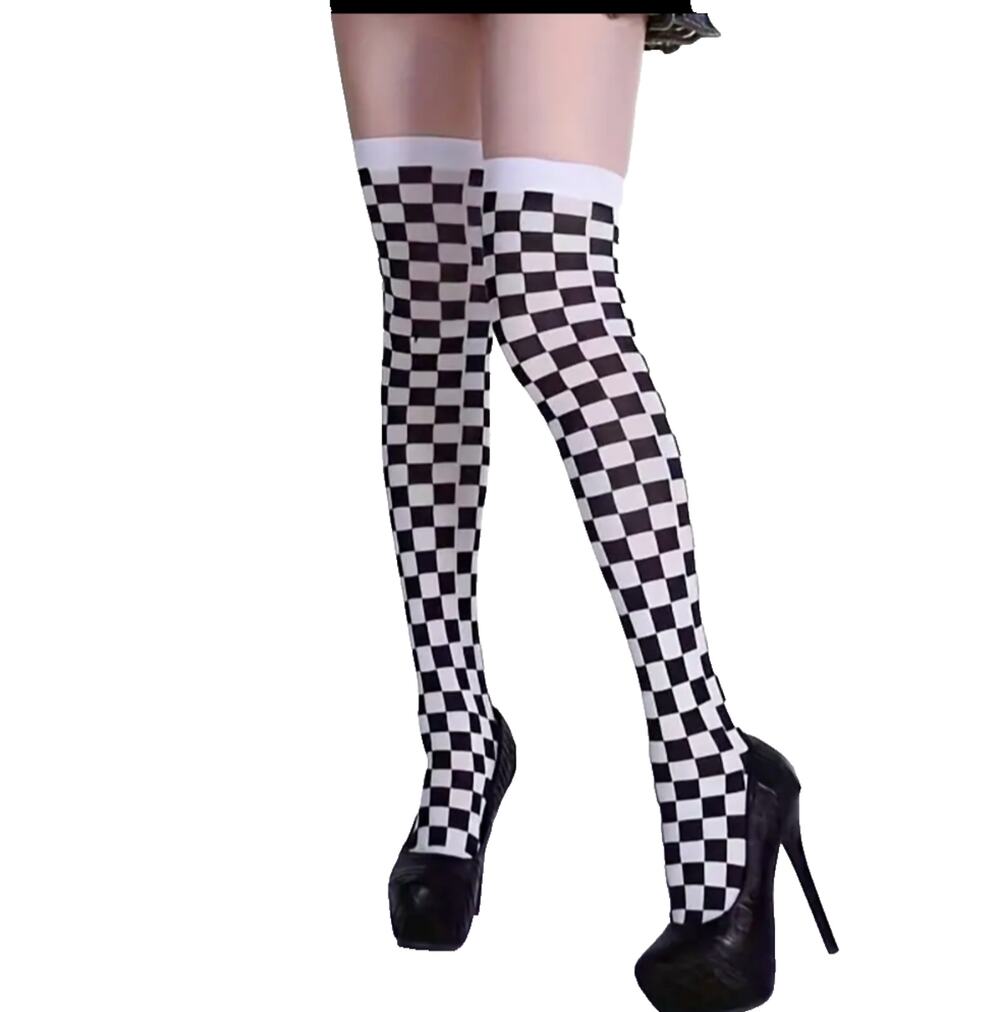 Over The Knee Black & White Checkered Socks Thigh High Stockings Skater Harajuku